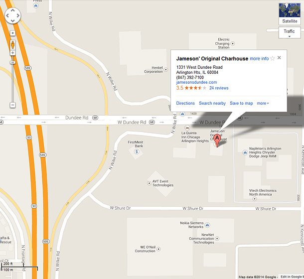 Map to Jameson's Original Charhouse Restaurant in Arlington Heights
